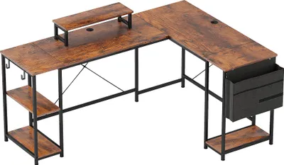 Image de Bureau en L Fortuna Lai 168 x 120 cm Bureau d'angle avec compartiments de rangement, sac de rangement Bureau d'ordinateur réversible avec support pour écran Bureau gaming pour le bureau, le bureau à domicile, brun rustique