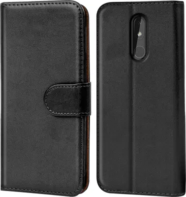 A black flip case for a smartphone, shown from the front and back.