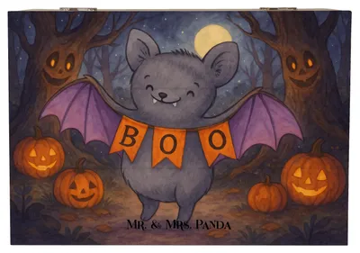 Produktbild von Mr. & Mrs. Panda Geschenkbox Fledermaus Boo Design 22 x 15 cm - Weiß - Geschenk, holzkästchen, Dekoration, Schatzkiste, Box, schatztruhe, fotobox, Holzkiste mit Deckel