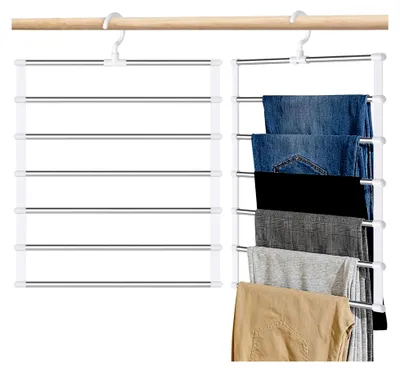 Produktbild von 2 Stück Hosenbügel Platzsparend, 6 Etagen Edelstahl Kleiderbügel Hosen, Mehrfach Faltbare Hosenbügel, Kleiderbügel für Hosen, Jeans, Handtücher, Schals, Krawatten