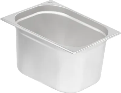 An empty, clean, stainless steel food pan.