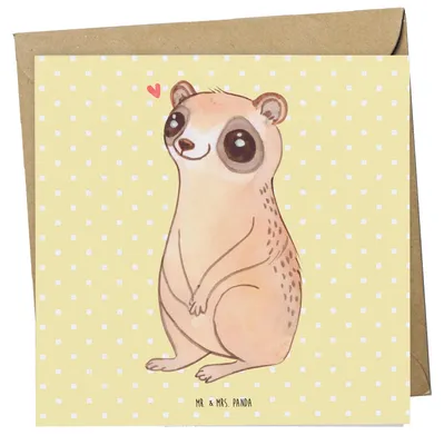Produktbild von Mr. & Mrs. Panda Klappkarte Plumplori Glücklich - Gelb Pastell - Geschenk, anlasskarte, Grußkarte, Niedlich, doppelkarte, Glückwunschkarte, Lustige Sprüche, faltkarte