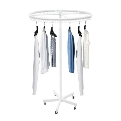 A white circular clothing rack with clothes hanging on it, set against a white background.