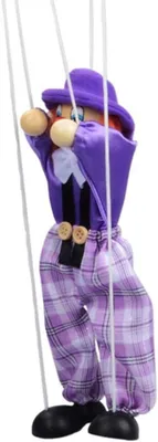 Productafbeelding van Trekkoordpop Clown - Houten Marionet - Kinderspel - Levendig Ontwerp - 25 cm - Paars