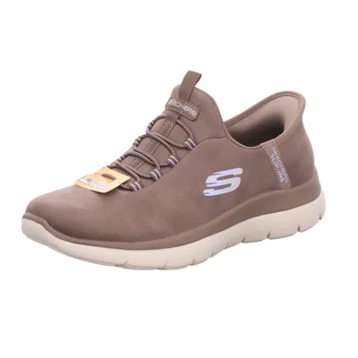 A single brown Skechers slip-on shoe is shown against a white background.