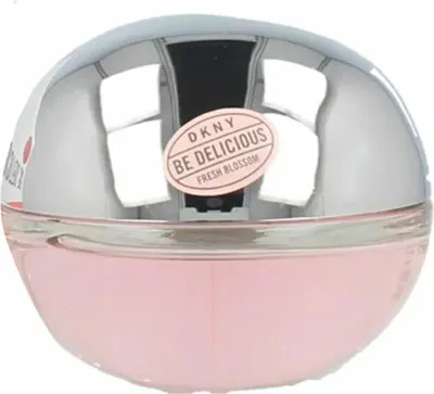 A close-up of a DKNY Be Delicious Fresh Blossom perfume bottle.