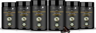 Produktbild von BIOLAVIVA Schwarzkümmelöl-Kapseln  & ungefiltert– reich an Thymochinon –(6 x 240) vegane Kapseln 4-Monats-Vorrat – labor & in DE hergestellt