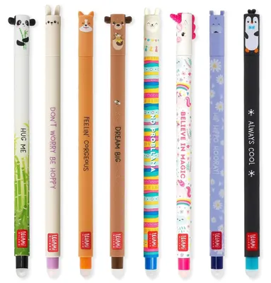 Produktbild von LEGAMI Set mit 8 radierbaren Gelstiften mit thermoempfindlicher Radiertinte, verschiedene Tintenfarben und Schaftdesigns, 0,7 mm Spitze, Hase, Löwe, Corgi, Panda, Pinguin, Lama, Nilpferd, Hai