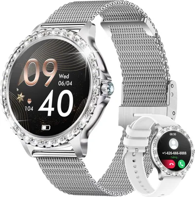 Image de Montre intelligente pour femmes avec fonction téléphone, 1.32" diamant montre fitness pour femmes pour IOS Android avec moniteur de sommeil, montre cardio, oxygène du sang, cycle menstruel