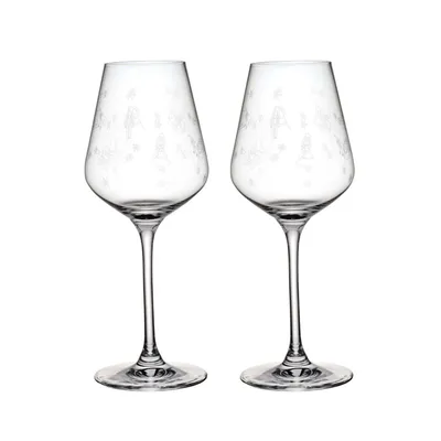 Two clear wine glasses with a subtle etched pattern.