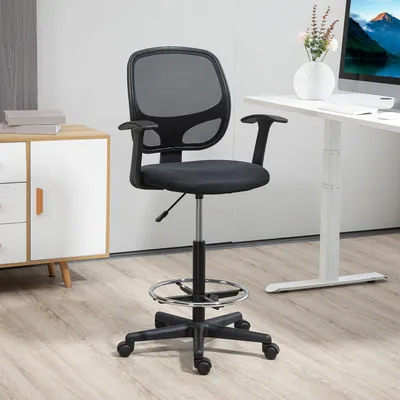 Image de Chaise de bureau - Chaise de travail - Fauteuil de bureau - Fauteuil pivotant - Chaise pour bureau de dessin - Hauteur d'assise réglable : 110-132 cm