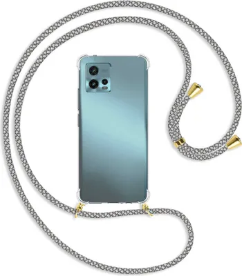 Produktbild von Handykette Backcover-Schutzhülle mit Band (Metall goldfarben) für Motorola Moto G72 (6.55'') - weiß/grau kariert