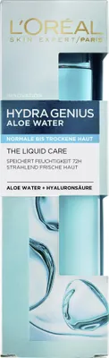 A close-up view of the L'Oréal Hydra Genius Aloe Water packaging.