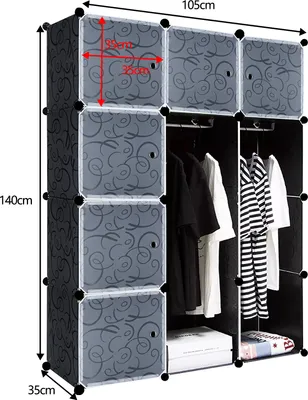 Obrázek produktu pro LZQ Police Šatní skříň Zásuvný policový systém Volně stojící police DIY (12 boxů, černá)