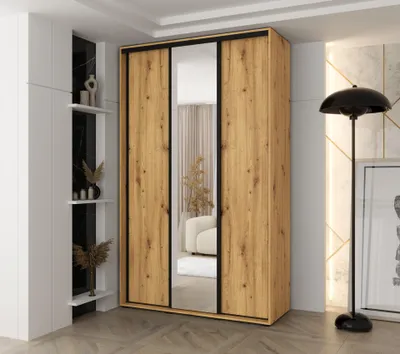 Produktbild von MINIO go for it, Kleiderschrank VADO, 150x235,2x45 cm, 3 Schiebetüren (1 Spiegel), 6 Einlegeböden, 2 ausziehbare Metallstangen, Artisan Eiche