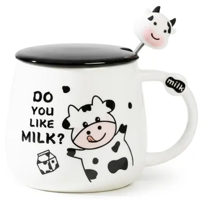 Immagine prodotto di Tazza in Vetroceramica con decorazione a tema mucca, completa di coperchio e cucchiaino, personalizzabile
