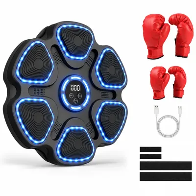Produktbild von Musik Boxmaschine mit Handschuhen, intelligente Wand Box Trainer mit LED Anzeige, 11 Modi 9 Geschwindigkeiten, Bluetooth Reaktionstraining für Kinder & Erwachsene