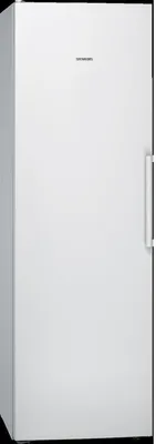 A white upright freezer with a silver handle on the right side.
