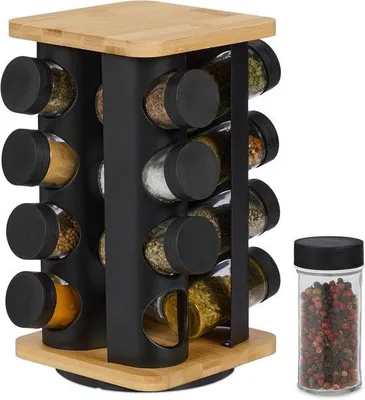 Produktbild von Famanu Kräuterregal drehbar mit 16 Gläsern aus Edelstahl und Bambooelementen - Schwarz