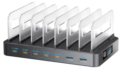 Produktbild von Bakeey WLX-60H GaN USB Ladestation 288W, 8 Anschlüsse (5×USB-C, 2×USB-A, USB-C-Kabel), PD Schnellladegerät, EU-Stecker