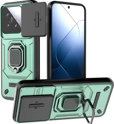 Obrázek produktu pro Pouzdro pro Xiaomi 14 dvouvrstvé pouzdro s posuvnou ochranou kamery a držákem prstenu, stojánek zelené