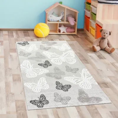 Produktbild von Teppich Kinderzimmer Babyzimmer Schmetterlingsmuster 3d-Effekt Creme Größe - 80 x 150 cm