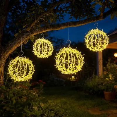 Produktbild von 4er-Set Solar Leuchtkugel im Blätterdesign - Ø20cm Gartenkugel mit 72 warmweissen LEDs - IP44 Aussenleuchte inkl. Erdspiess, S-Haken und Solarpanel
