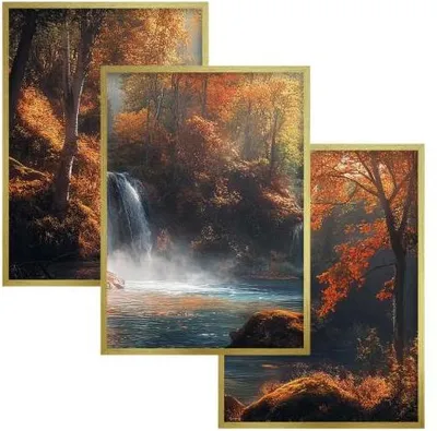 Image de Set de posters muraux encadrés d'or pour la chambre à coucher, le salon, forêt d'automne