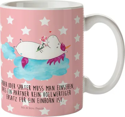 Produktbild von Mr. & Mrs. Panda Kunststoffbecher Einhorn Verliebt - Rot Pastell - Geschenk, Einhörner, Camping Tasse, Trinklernbecher, Wolke, Kinderbecher, Liebe, Freundin, Unicorn