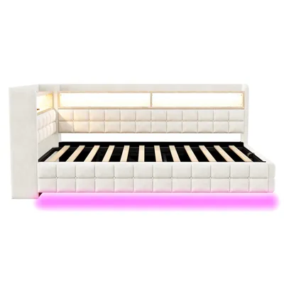 Produktbild von Merax Polsterbett Schlafsofa 90x200cm mit LED-Beleuchtung, Tagesbett mit Hydraulischer Stauraum und Holzregal, USB-Ladeanschlüsse, Samtstoff, Beige