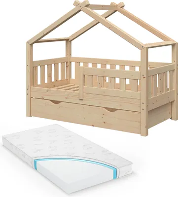 Obrázek produktu pro Vitalispa Domečková postel Design, 70x140 cm se zásuvkou a matrací, Přírodní dřevo