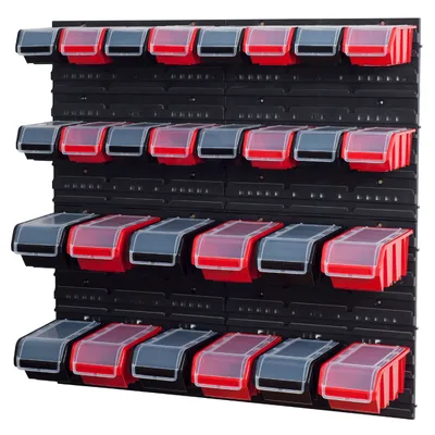 Produktbild von Stapelboxen Set 4 x Wandregal  Lagersystem + 28 Boxen schwarz und rot