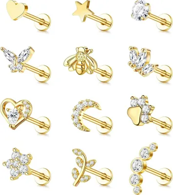 Image de Tragus Helix Piercing Set 12 pièces Acier chirurgical CZ Coeur Etoile Lune Feuille Clous de nez Conch Tragus Argent/Or 6.0mm