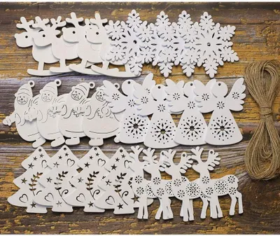 Productafbeelding van Houten hangers - Set van 24 - Kerstdecoratie houten eland - Sneeuwvlok - Kerstboom - Doe-het-zelf wit