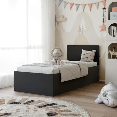 Produktbild von IDOHOME-Polsterbett mit Holzlattenrost SIMPLE 90x200 cm Schwarz Einzelbett mit Matratze