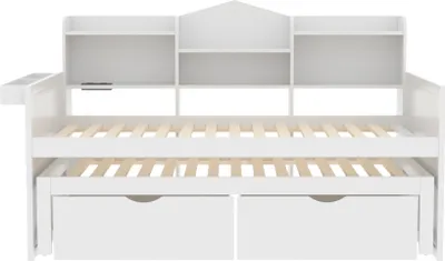 Produktbild von Flieks Holzbett Jugendbett 90x200cm mit Ladefunktion, Schlafsofa Sofabett Tagesbett mit Ausziehbett, Einzelbett Stauraumbett mit 2 Schubladen, Weiß