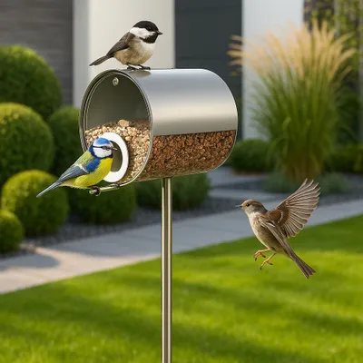 Produktbild von MeLiTec Vogelhaus aus Edelstahl VH10, Vogelfutter-Station, Silber, Edelstahl matt, Höhe 150 cm, Größe 14 x 14 cm, Stehend, Vogelhäuschen aus Metall