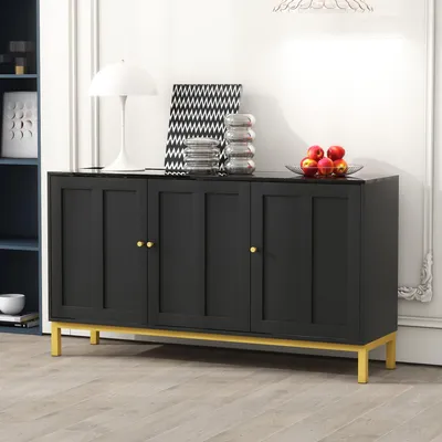 Image de Flieks Commode Sideboard 3 portes, armoire de salon avec étagères réglables, bahut avec plateau en marbre, 140x39.8x78.2 cm, Noir