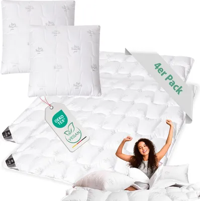 A set of white bedding, including two duvets and two pillows, is displayed on a white background. A woman is shown happily interacting with the bedding.