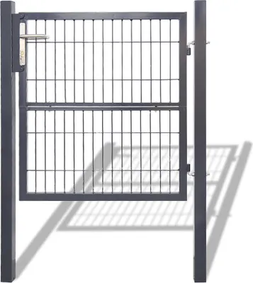 A gray metal garden gate with a silver handle, shown in an open position against a white background.
