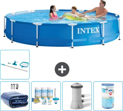 Produktbild von Intex-Schwimmbecken mit rundem Rahmen – 366 x 76 cm – Blau – im Lieferumfang enthalten Sonnensegel - Wartungspaket - Filterpumpe für Schwimmbad - Filter - Reinigungskit