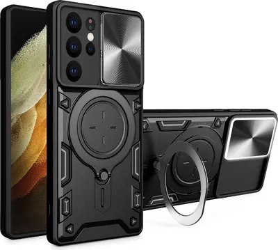 Produktbild von Handyhülle für Samsung Galaxy S21 Ultra 5G Dual-Layer Stoßfest Rüstung Hülle mit Dia Kameraschutz und Kreisförmig Ring Ständer Schwarz