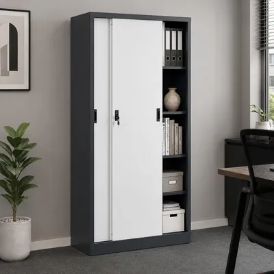 Produktbild von VCM Metallschrank mit 5 Fächern und 2 Schiebetüren, Stahlschrank abschließbar, 80 x 180 x 40 cm, Aktenschrank und Universalschrank, Malivo