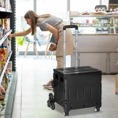 Zdjęcie produktu dla Wózek sklepowy HOMCOM składany schodołaz z kółkami, pokrywa, teleskopowa rączka, wózek sklepowy do 80 kg, 51 l, koszyk aluminiowy, wózek zakupowy na kemping, 52 x 48 x 100 cm, czarny
