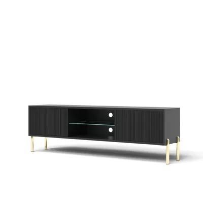 Produktbild von OSLO TV-Lowboard 135 cm Schwarz mit Riffel-Fronten & Metallfüßen – 2 Türen & offene Ablage