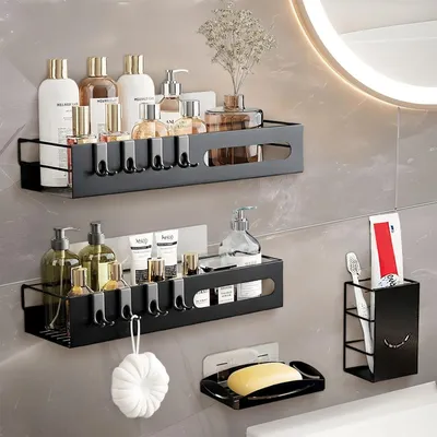Image de 4 étagères de douche sans perçage - Inox, organisateur pour salle de bain