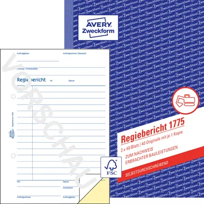 Produktbild von Avery Zweckform 1775, Regiebericht, A5, selbstdurchschreibend, 2x40 Blatt