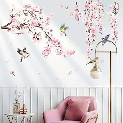 Produktbild von PromoHome® Kirschblütenzweig Wandaufkleber Set - Rosa Blumen und Vögel Wanddekoration für Wohnzimmer, Schlafzimmer und Kinderzimmer