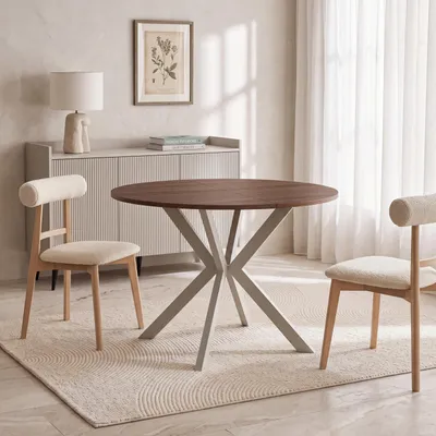 Produktbild von Runder Ausziehtisch Esstisch Ausziehbar mit Metallgestell in Kaschmir Grau – Valio, 90 cm Rund auf 130 cm Erweiterbar – Industrial-Loft-Design Metallbeine, Nussbaum Braun, EU
