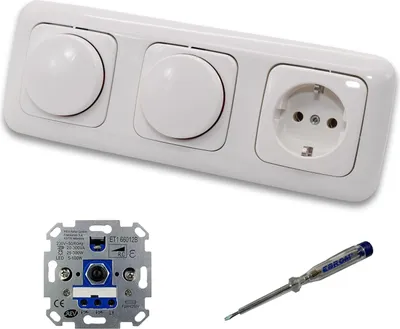 Produktbild von REV Ritter (2 x) LED Drehdimmer Dimmer + Busch Jäger Dimmerscheiben 2115-214 und Steckdose mit Kinderschutz 20EUCKS-214 in Reflex Si alpinweiß glänzend + EBROM Phasenprüfer z. Montage der Geräte